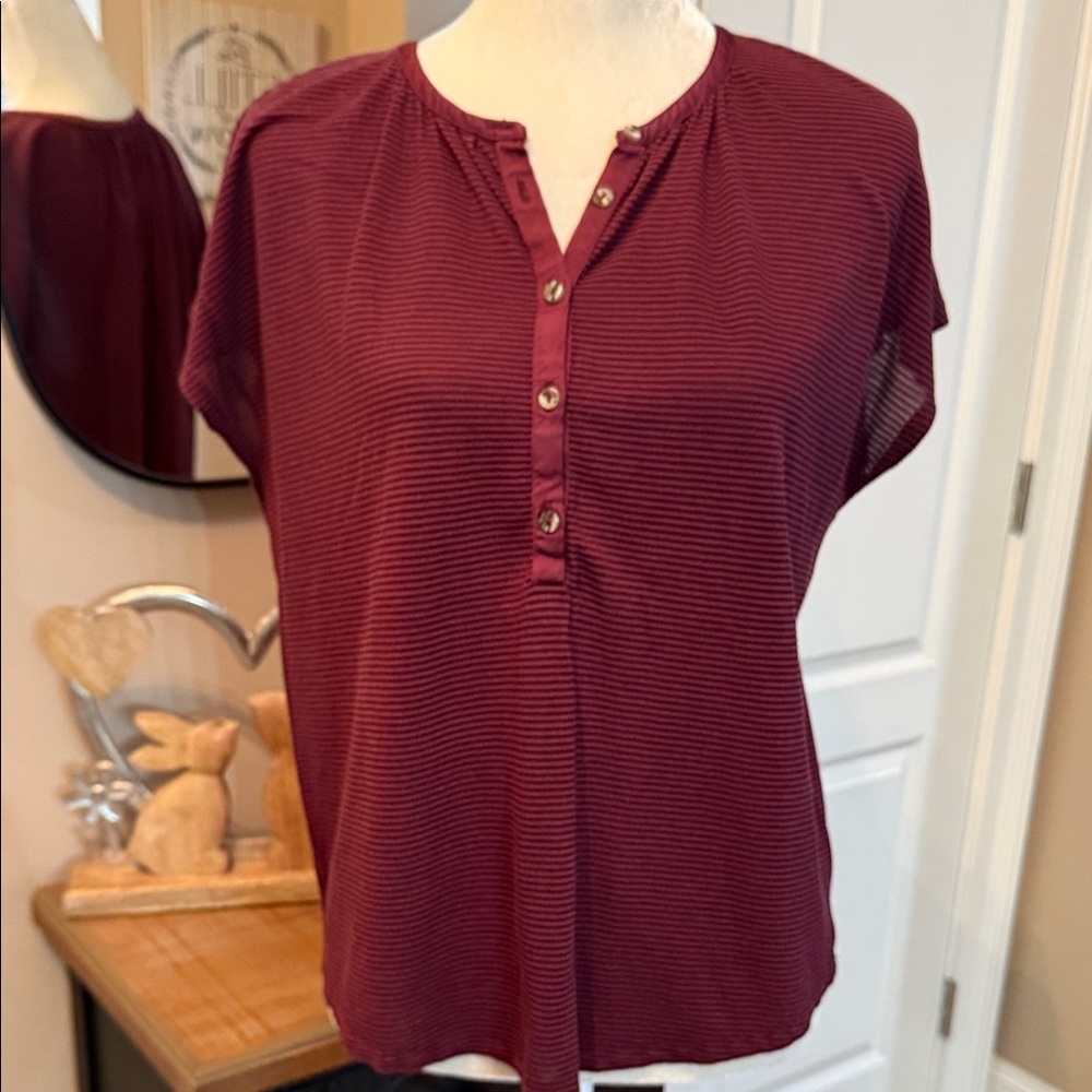 Lucky Brand Burgundy Striped Henley Top Short Sleeve Gathered Back Size M